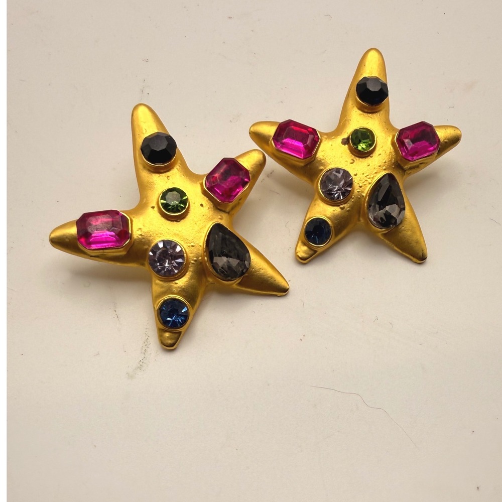 Vintage Gold Starfish Earrings Multi Color Crystal Statement Studs Nautical